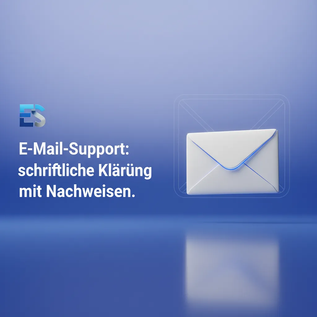 E-Mail-Support: Umschlag, Betreff-Tags, Anhänge als Nachweise und Uhr für 2–12h Antwortzeit.