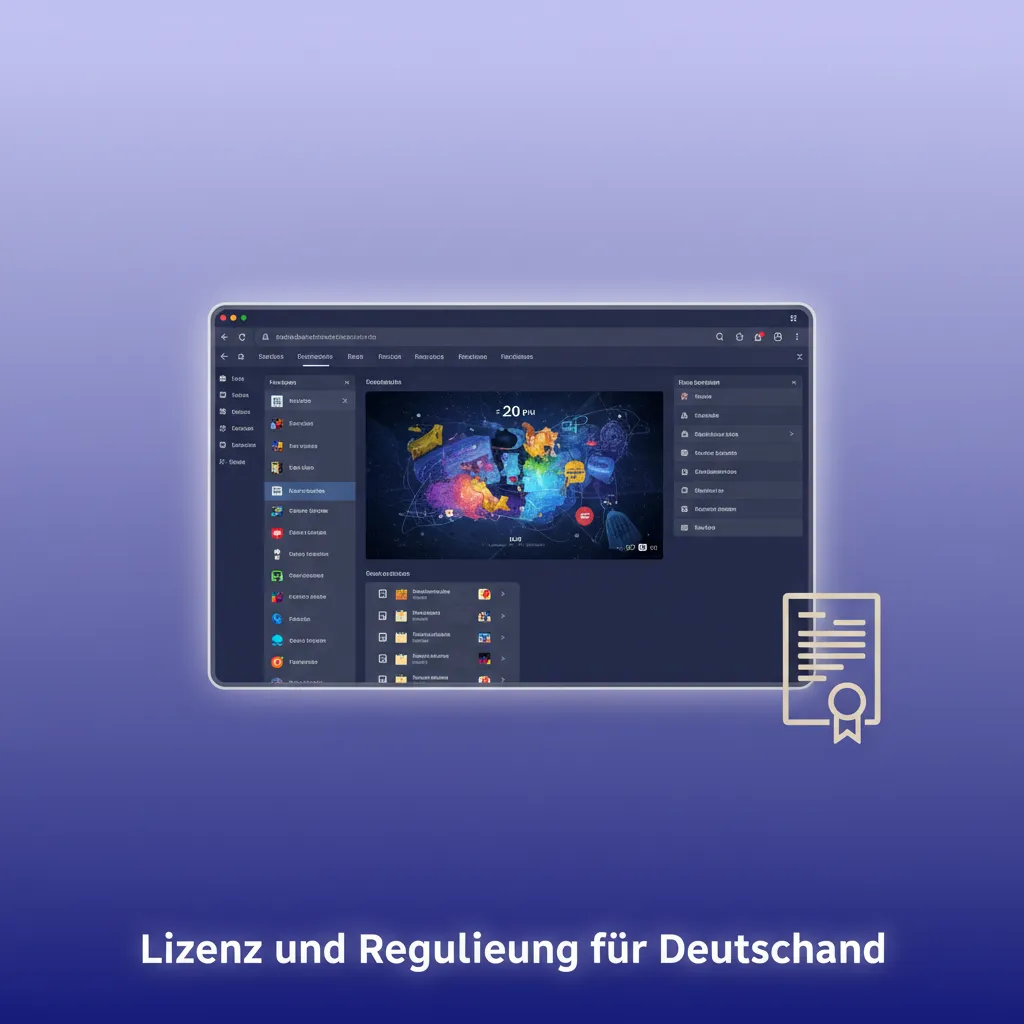 Illustration mit EU‑Fernlizenz‑Siegel, deutscher Flagge und Symbolen für Spielerschutz, Datenschutz und sichere Zahlungen.